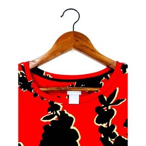 Chico's, Red Black Floral Print, Mid Sleeve, Women's Size L